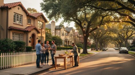 Neighbors chat by a picket fence while another hangs string lights above a long table on a tree-lined Windsor Square street at golden hour, with 1920s Revival-style homes and mature trees softly blurred in the background.
