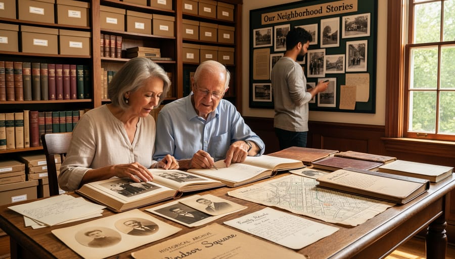 Historic photographs and documents being reviewed on table showing Windsor Square's heritage