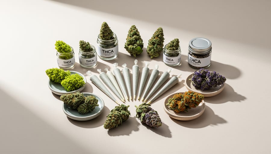 Glass jars containing cannabis flowers in different colors on a kitchen counter