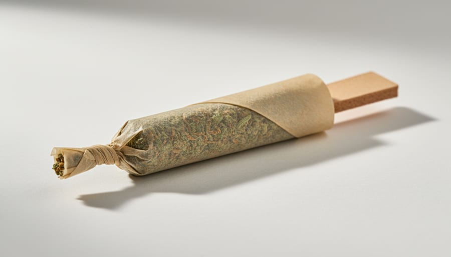 Hand holding a rolled hemp pre-roll above a wooden tray