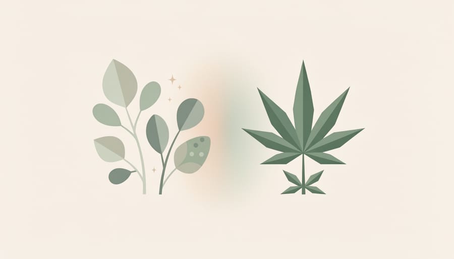 Two unlabeled bowls of calming botanicals and cannabis flower textures on a linen table