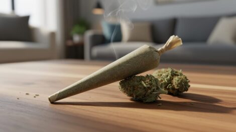 Close-up of a hemp THCA pre-roll on a wooden tabletop with nearby dried cannabis buds and faint smoke haze in soft background.
